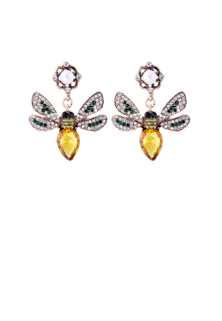 Brilliant Lovely Plated Gold Bee Imitation Pearl Earrings with Yellow Cubic Zirconia - Luxurious Look