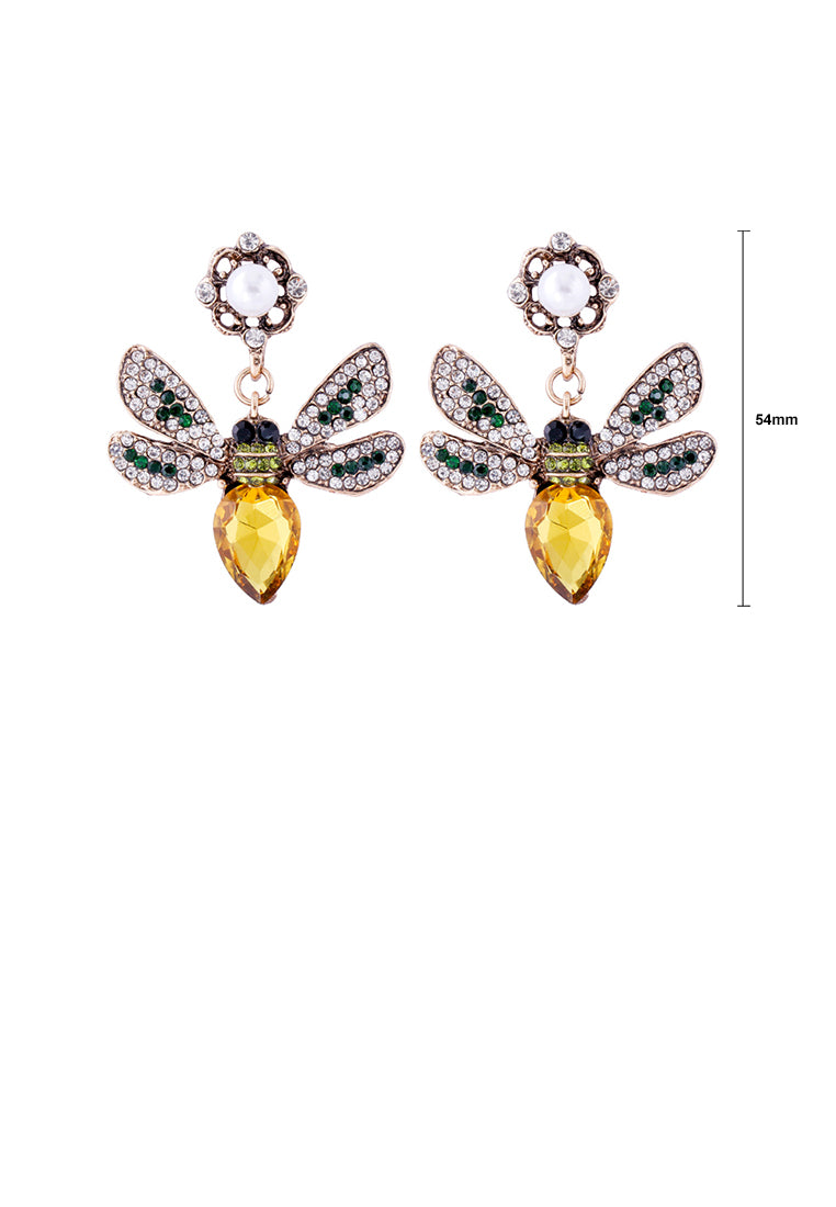 Brilliant Lovely Plated Gold Bee Imitation Pearl Earrings with Yellow Cubic Zirconia - Luxurious Look