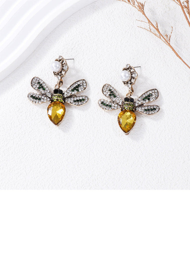 Brilliant Lovely Plated Gold Bee Imitation Pearl Earrings with Yellow Cubic Zirconia - Luxurious Look