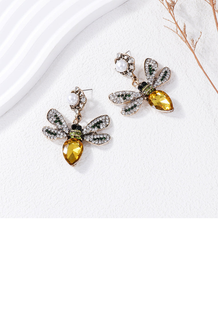 Brilliant Lovely Plated Gold Bee Imitation Pearl Earrings with Yellow Cubic Zirconia - Luxurious Look