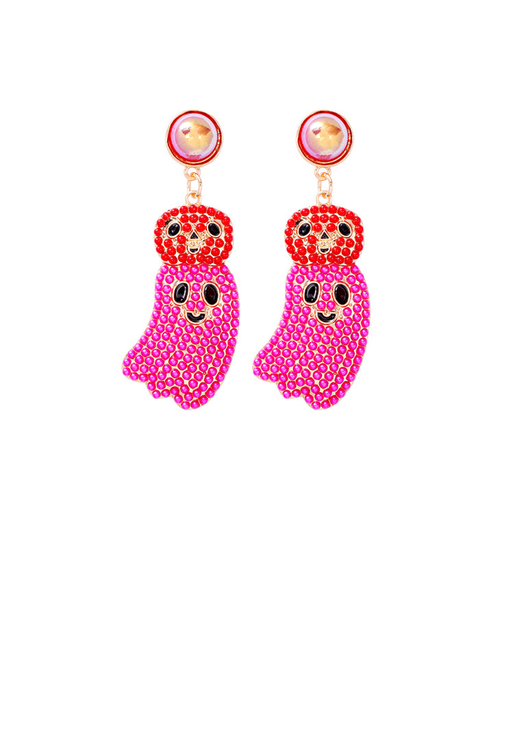 Creative and Cute Plated Gold Halloween Ghost Pink Ball Earrings - Vibrant Color