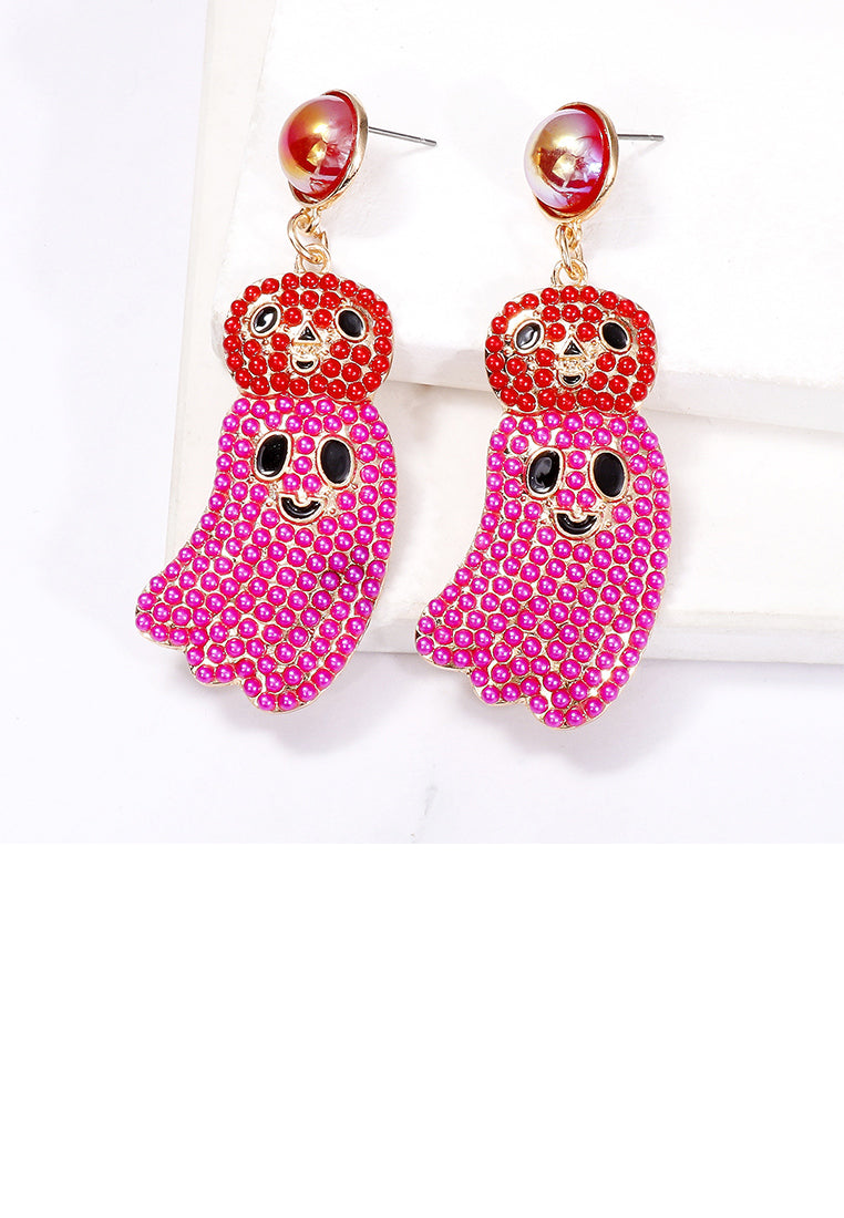 Creative and Cute Plated Gold Halloween Ghost Pink Ball Earrings - Vibrant Color