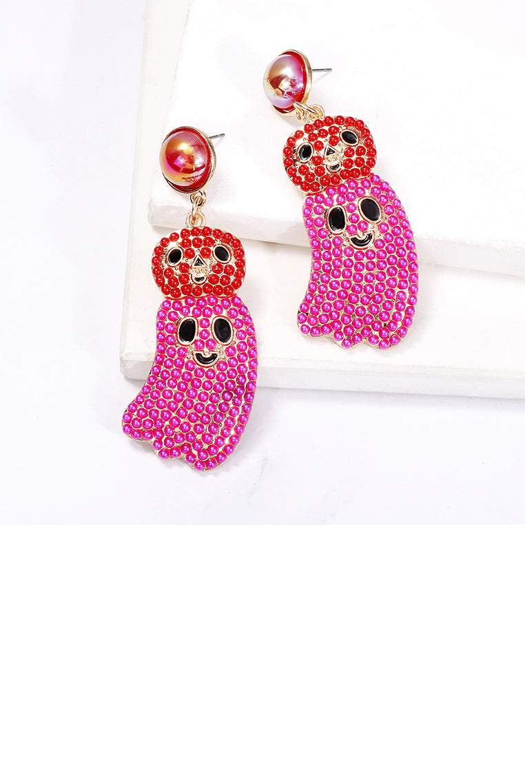 Creative and Cute Plated Gold Halloween Ghost Pink Ball Earrings - Vibrant Color
