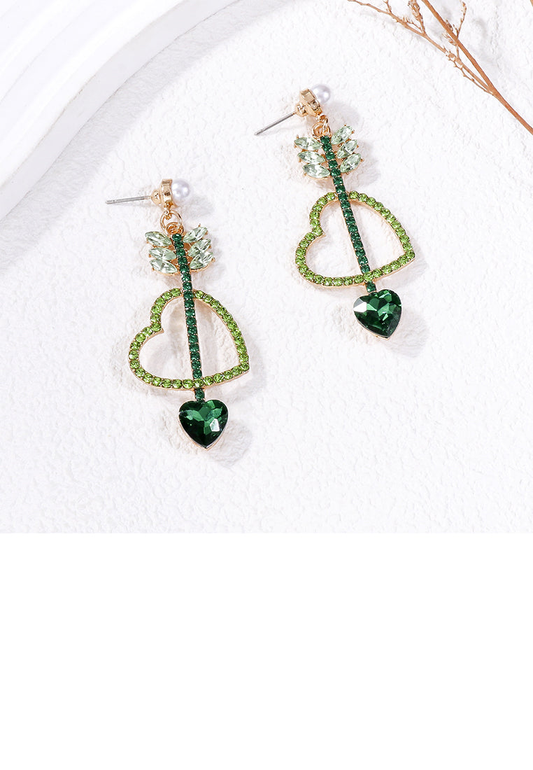 Fashion Simple Plated Gold Cupids Arrow Heart Earrings with Green Cubic Zirconia - Luxurious Look
