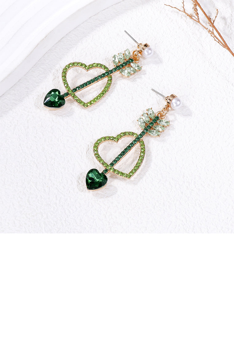 Fashion Simple Plated Gold Cupids Arrow Heart Earrings with Green Cubic Zirconia - Luxurious Look