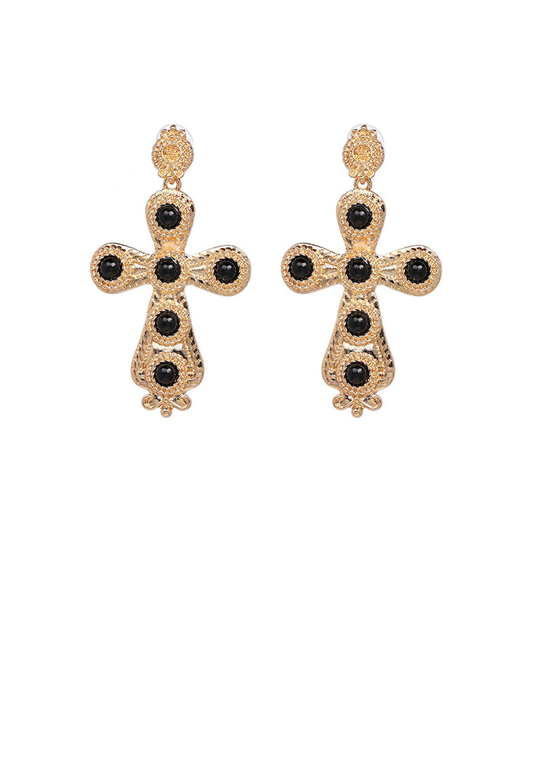 Fashion Vintage Plated Gold Cross Black Ball Earrings
