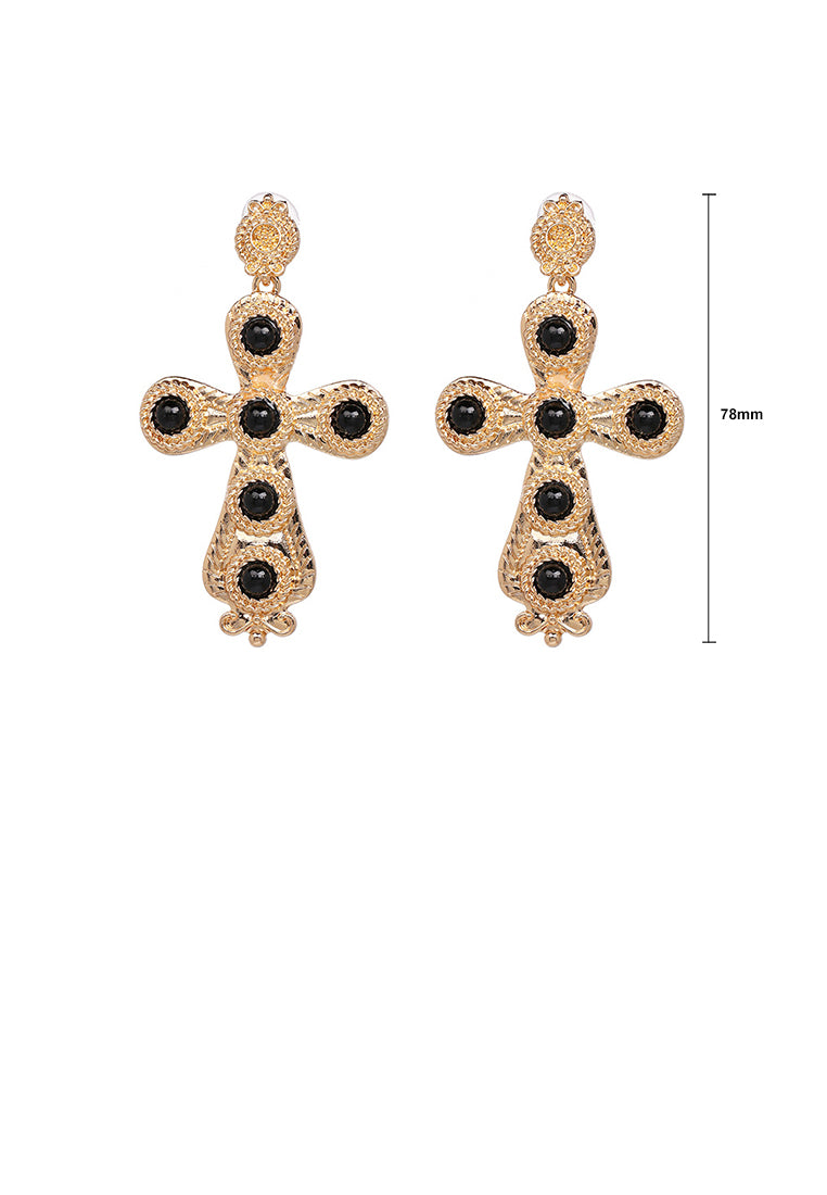 Fashion Vintage Plated Gold Cross Black Ball Earrings