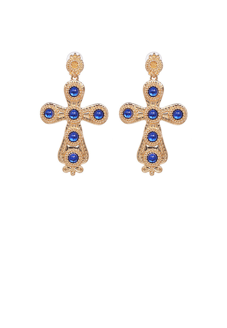 Fashion Vintage Plated Gold Cross Blue Ball Earrings