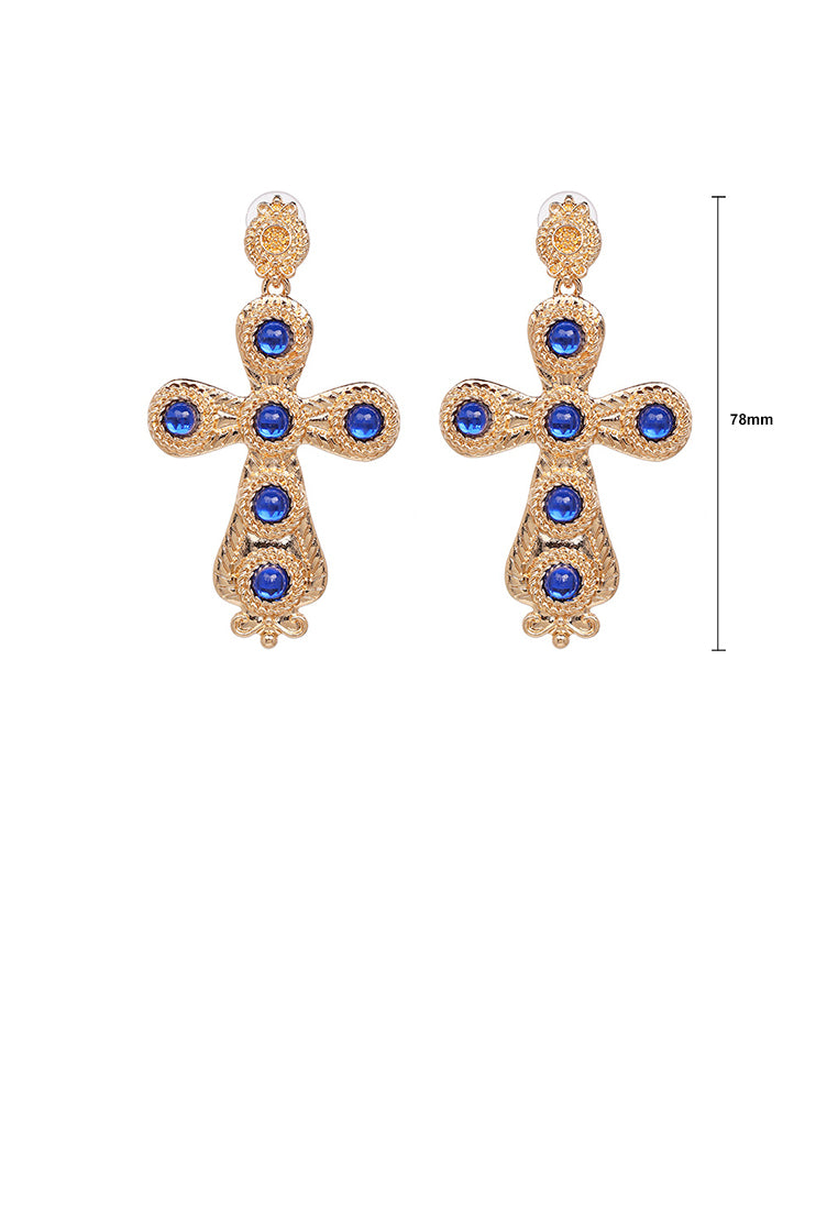 Fashion Vintage Plated Gold Cross Blue Ball Earrings