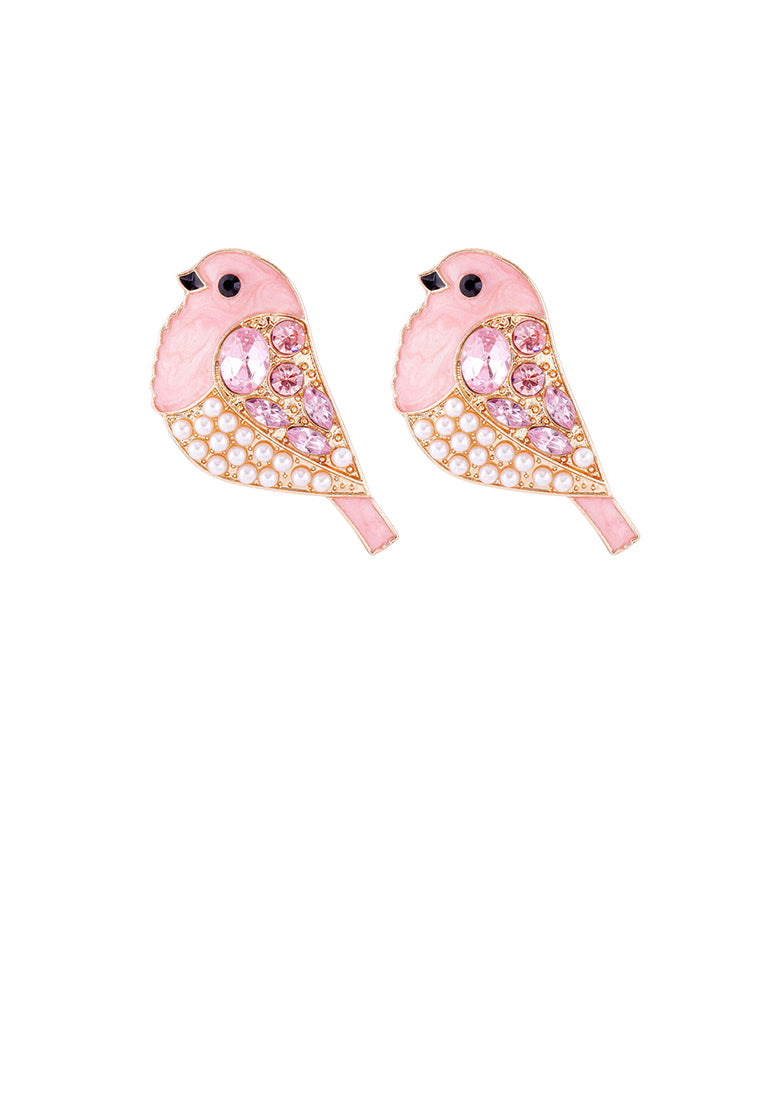 Simple and Cute Plated Gold Enamel Pink Bird Imitation Pearl Stud Earrings with Cubic Zirconia - Luxurious Look - Vibrant Color