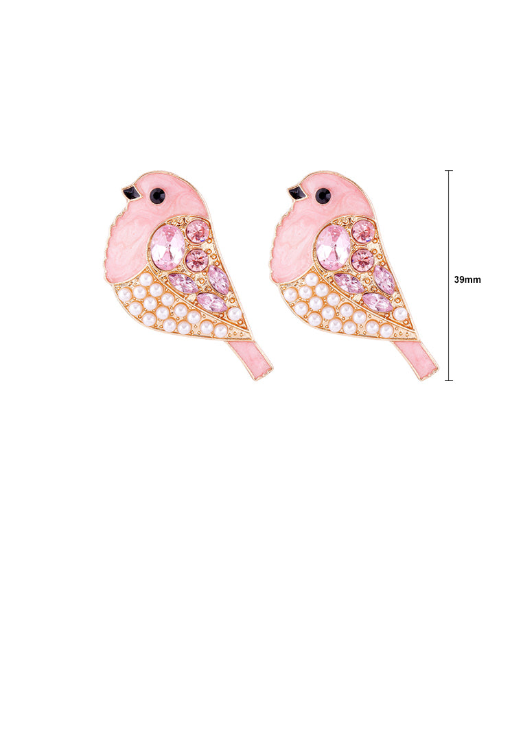 Simple and Cute Plated Gold Enamel Pink Bird Imitation Pearl Stud Earrings with Cubic Zirconia - Luxurious Look - Vibrant Color