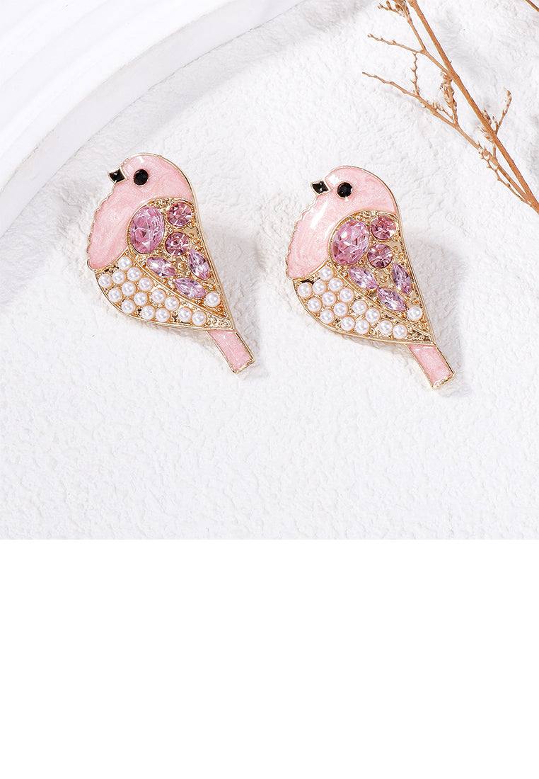 Simple and Cute Plated Gold Enamel Pink Bird Imitation Pearl Stud Earrings with Cubic Zirconia - Luxurious Look - Vibrant Color