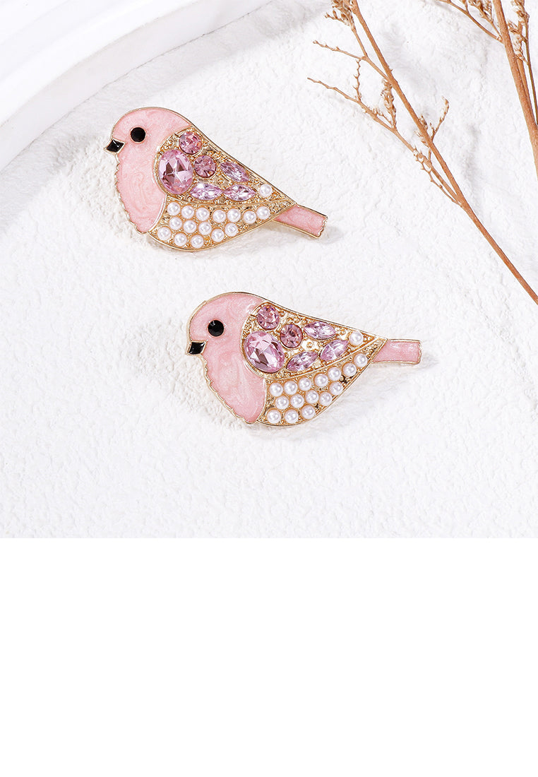 Simple and Cute Plated Gold Enamel Pink Bird Imitation Pearl Stud Earrings with Cubic Zirconia - Luxurious Look - Vibrant Color