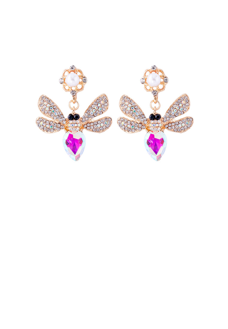 Brilliant Cute Plated Gold Bee Earrings with Colored Cubic Zirconia - Luxurious Look