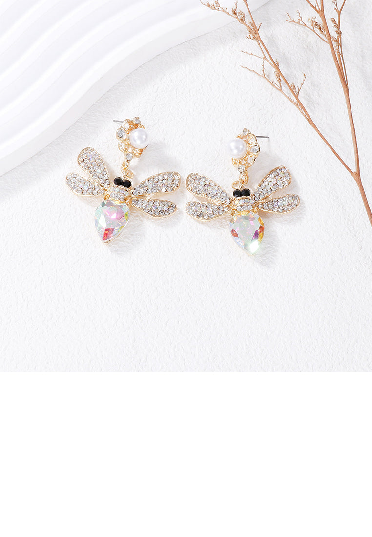 Brilliant Cute Plated Gold Bee Earrings with Colored Cubic Zirconia - Luxurious Look