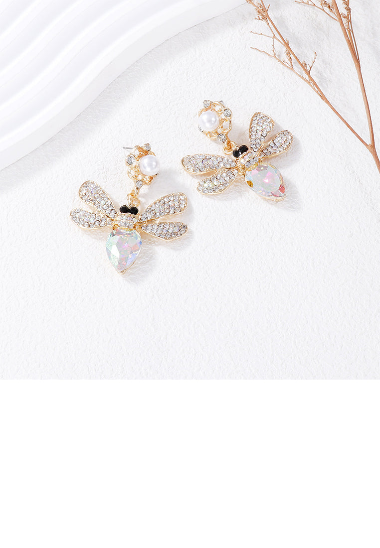 Brilliant Cute Plated Gold Bee Earrings with Colored Cubic Zirconia - Luxurious Look