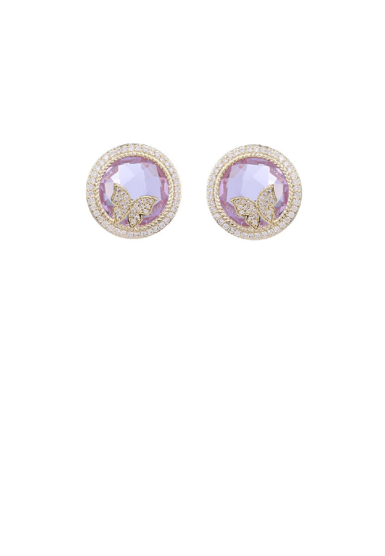 Fashion Simple Plated Gold Butterfly Geometric Round Purple Cubic Zirconia Stud Earrings - Luxurious Look
