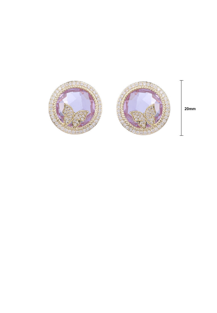 Fashion Simple Plated Gold Butterfly Geometric Round Purple Cubic Zirconia Stud Earrings - Luxurious Look