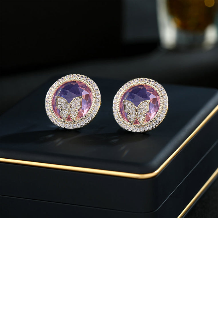Fashion Simple Plated Gold Butterfly Geometric Round Purple Cubic Zirconia Stud Earrings - Luxurious Look
