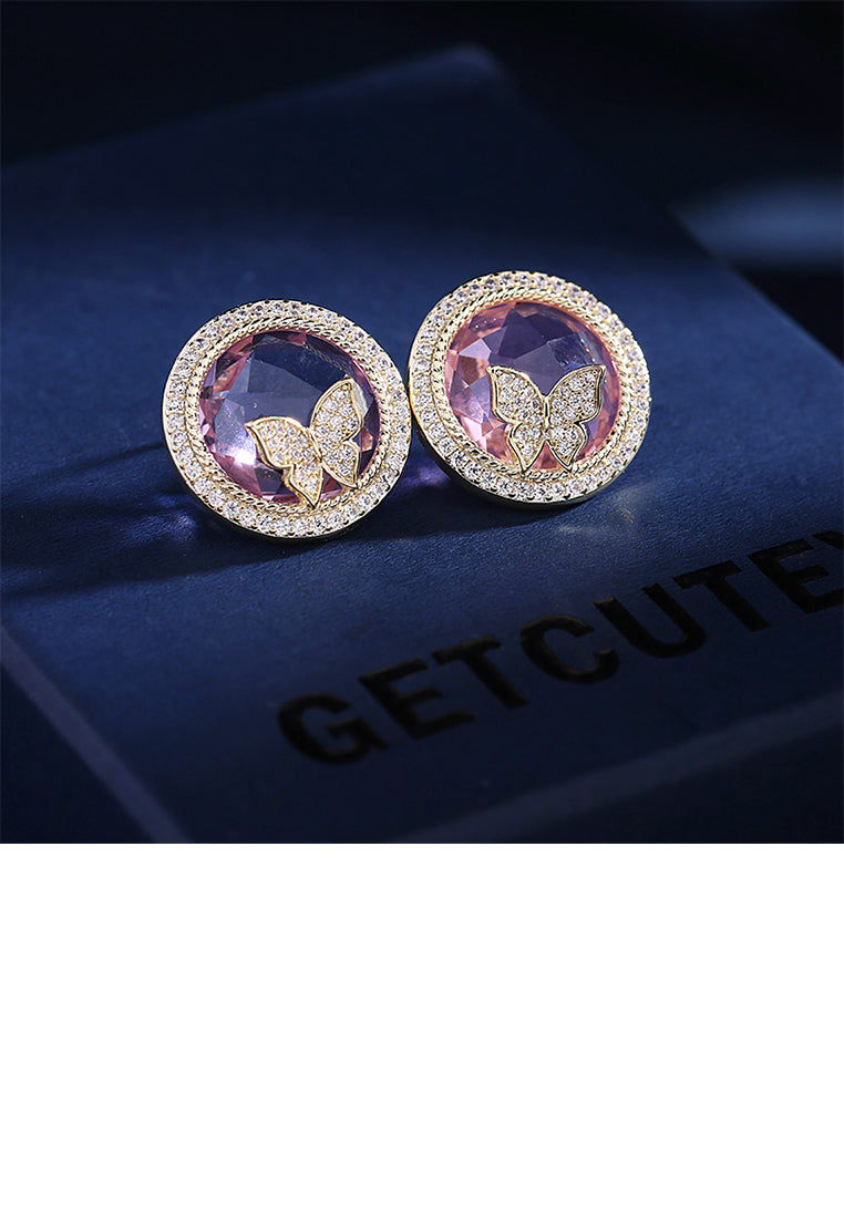 Fashion Simple Plated Gold Butterfly Geometric Round Purple Cubic Zirconia Stud Earrings - Luxurious Look