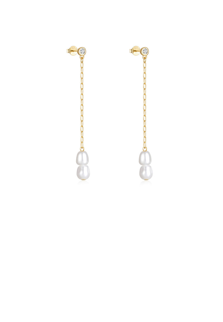 925 Sterling Silver Plated Gold Fashion Elegant Geometric Imitation Pearl Tassel Earrings with Cubic Zirconia - Luxurious Look