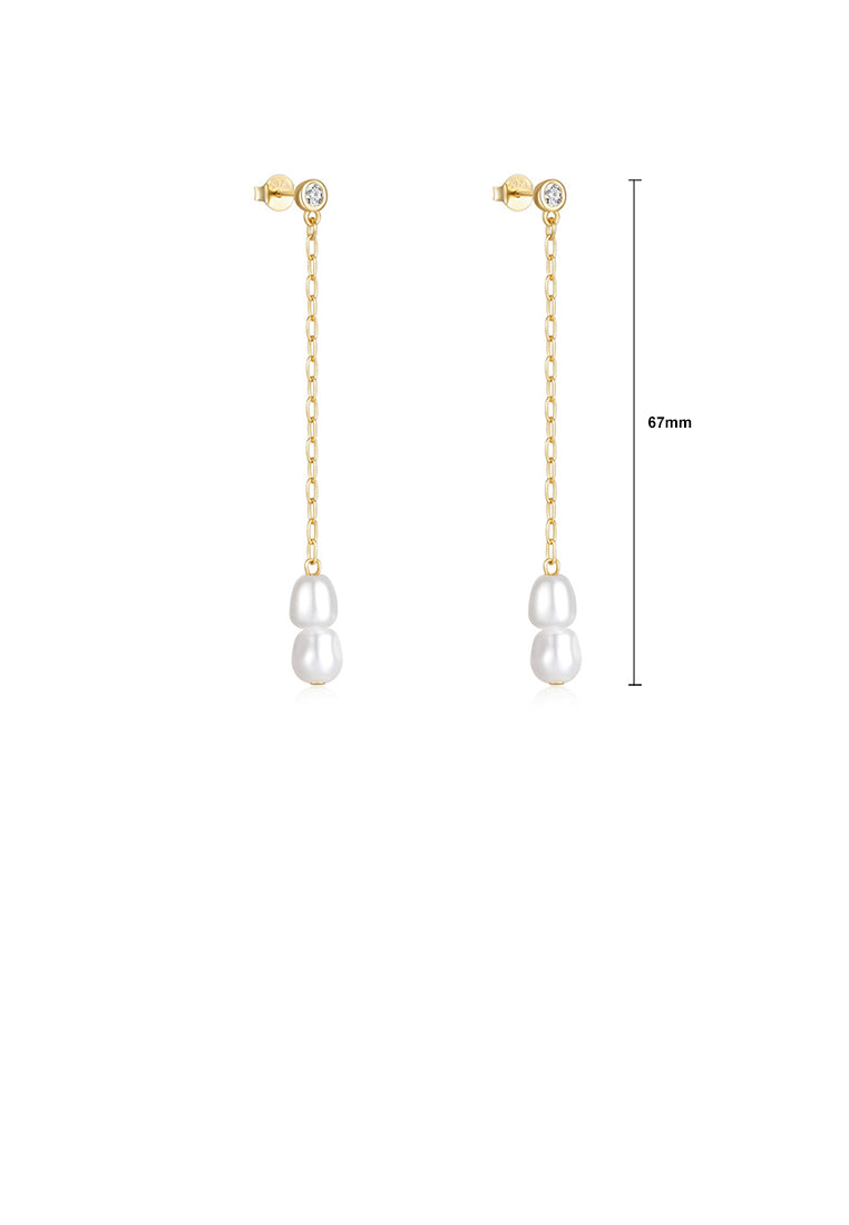 925 Sterling Silver Plated Gold Fashion Elegant Geometric Imitation Pearl Tassel Earrings with Cubic Zirconia - Luxurious Look