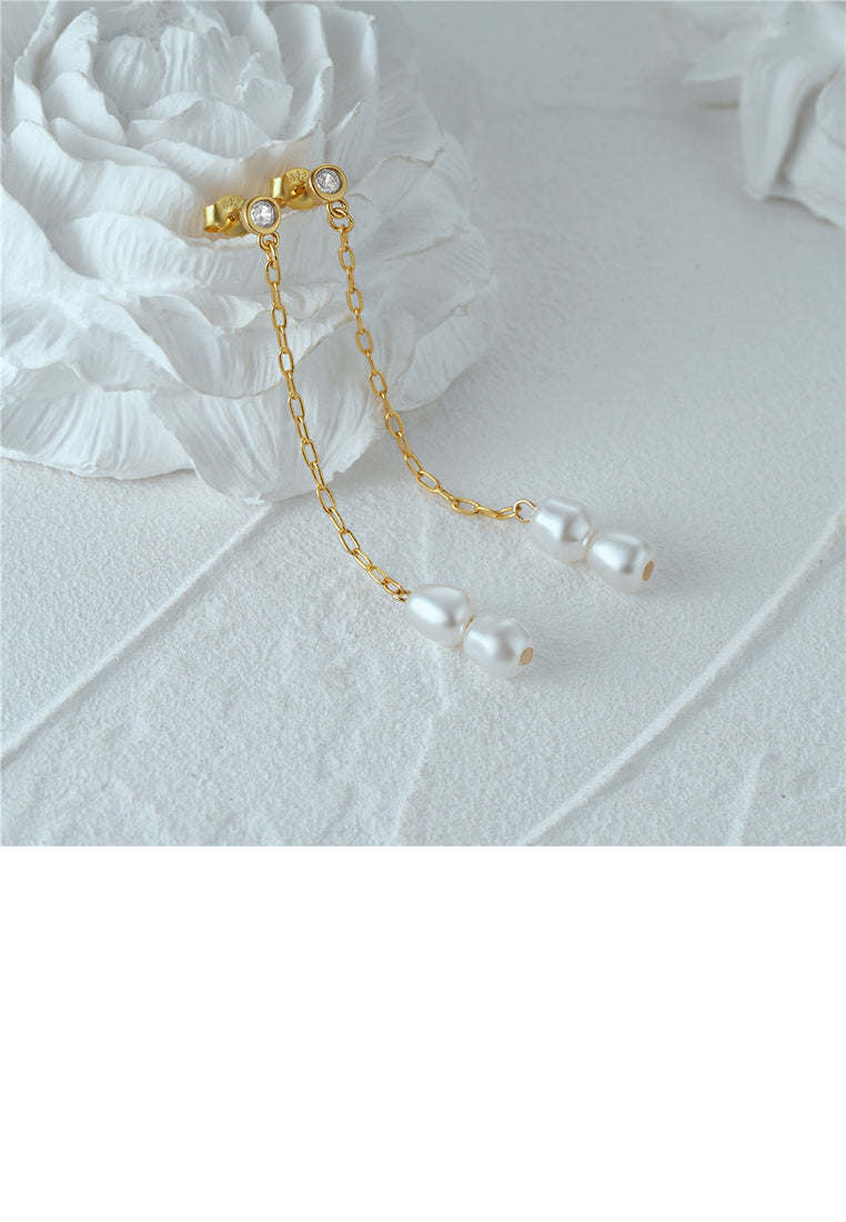 925 Sterling Silver Plated Gold Fashion Elegant Geometric Imitation Pearl Tassel Earrings with Cubic Zirconia - Luxurious Look