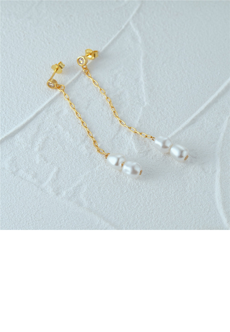 925 Sterling Silver Plated Gold Fashion Elegant Geometric Imitation Pearl Tassel Earrings with Cubic Zirconia - Luxurious Look