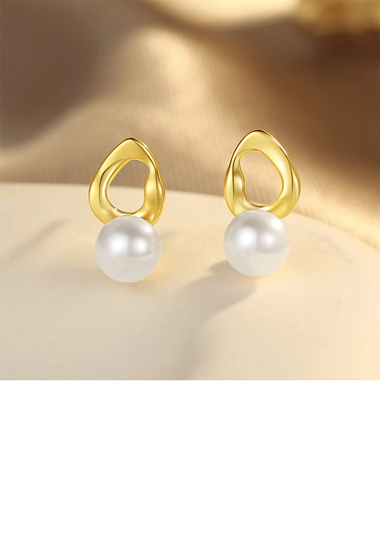 925 Sterling Silver Plated Gold Simple and Elegant Hollow Irregular Geometric Imitation Pearl Stud Earrings - Luxurious Look