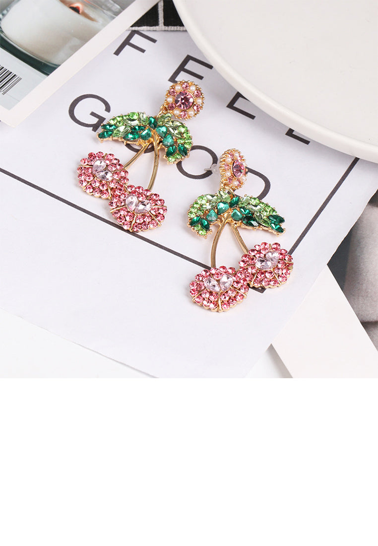 Fashion Sweet Plated Gold Cherry Stud Earrings with Pink Cubic Zirconia - Luxurious Look - Vibrant Color