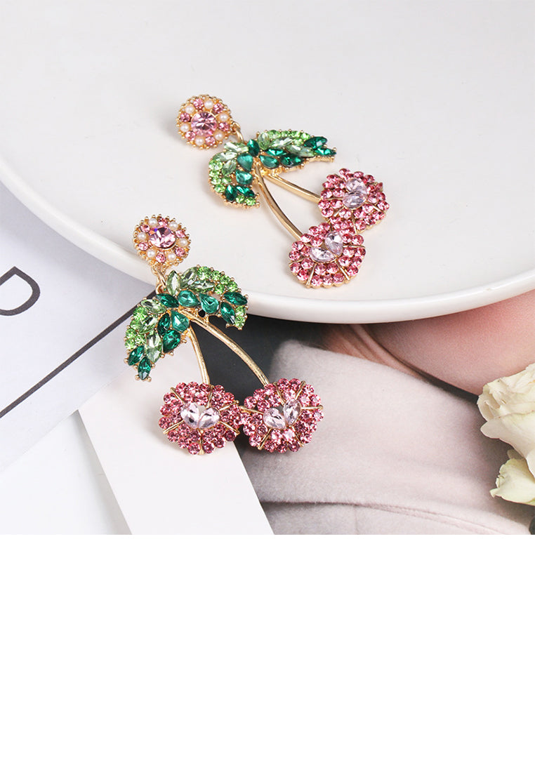 Fashion Sweet Plated Gold Cherry Stud Earrings with Pink Cubic Zirconia - Luxurious Look - Vibrant Color