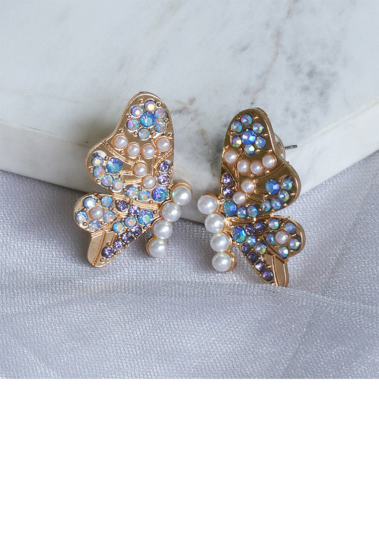 Simple and Elegant Plated Gold Butterfly Stud Earrings with Blue Cubic Zirconia - Luxurious Look