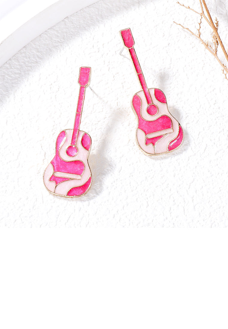 Fashion and Creative Plated Gold Enamel Pink Guitar Stud Earrings - Vibrant Color