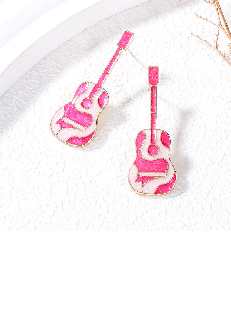 Fashion and Creative Plated Gold Enamel Pink Guitar Stud Earrings - Vibrant Color