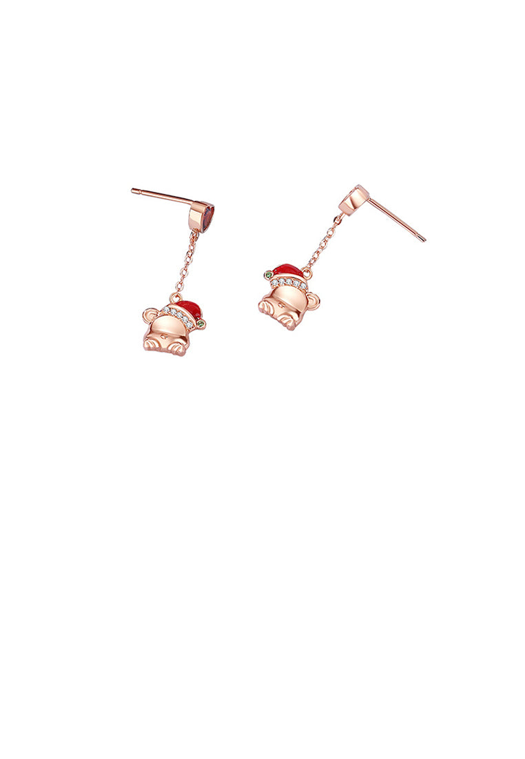 925 Sterling Silver Plated Rose Gold Simple Cute Christmas Bear Tassel Earrings with Cubic Zirconia - Luxurious Look