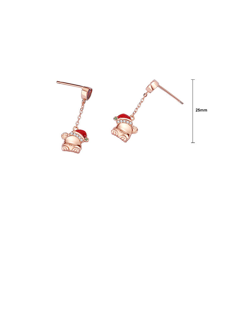 925 Sterling Silver Plated Rose Gold Simple Cute Christmas Bear Tassel Earrings with Cubic Zirconia - Luxurious Look