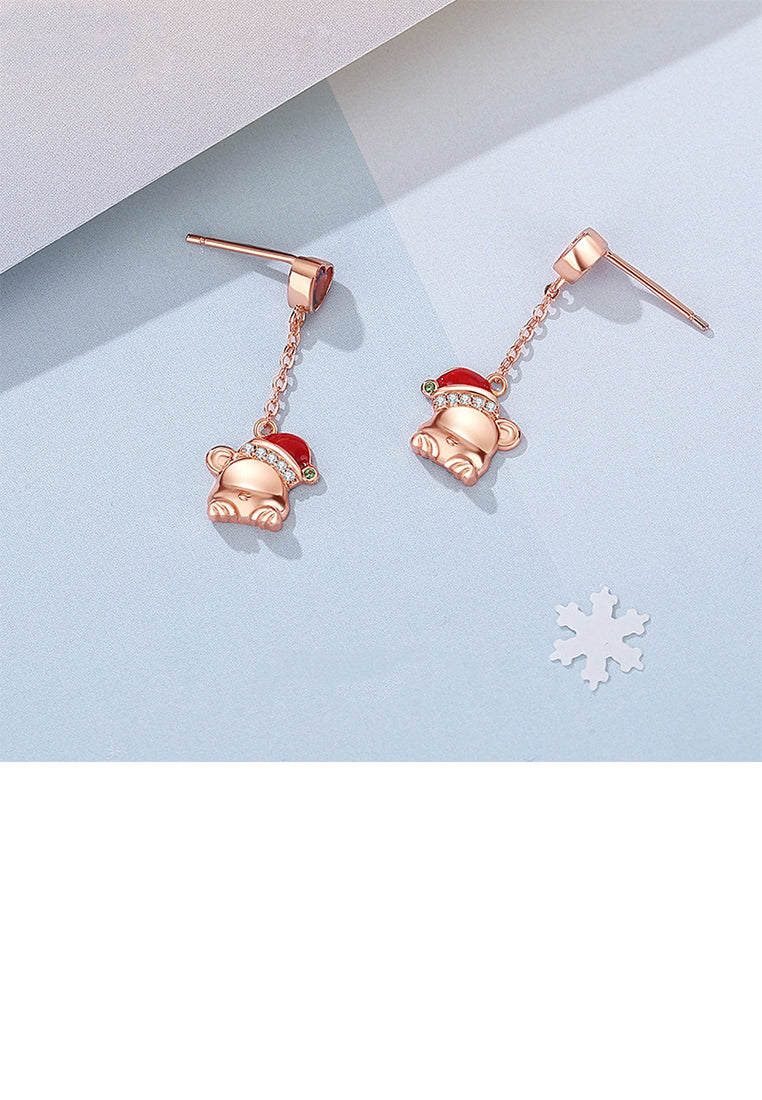925 Sterling Silver Plated Rose Gold Simple Cute Christmas Bear Tassel Earrings with Cubic Zirconia - Luxurious Look