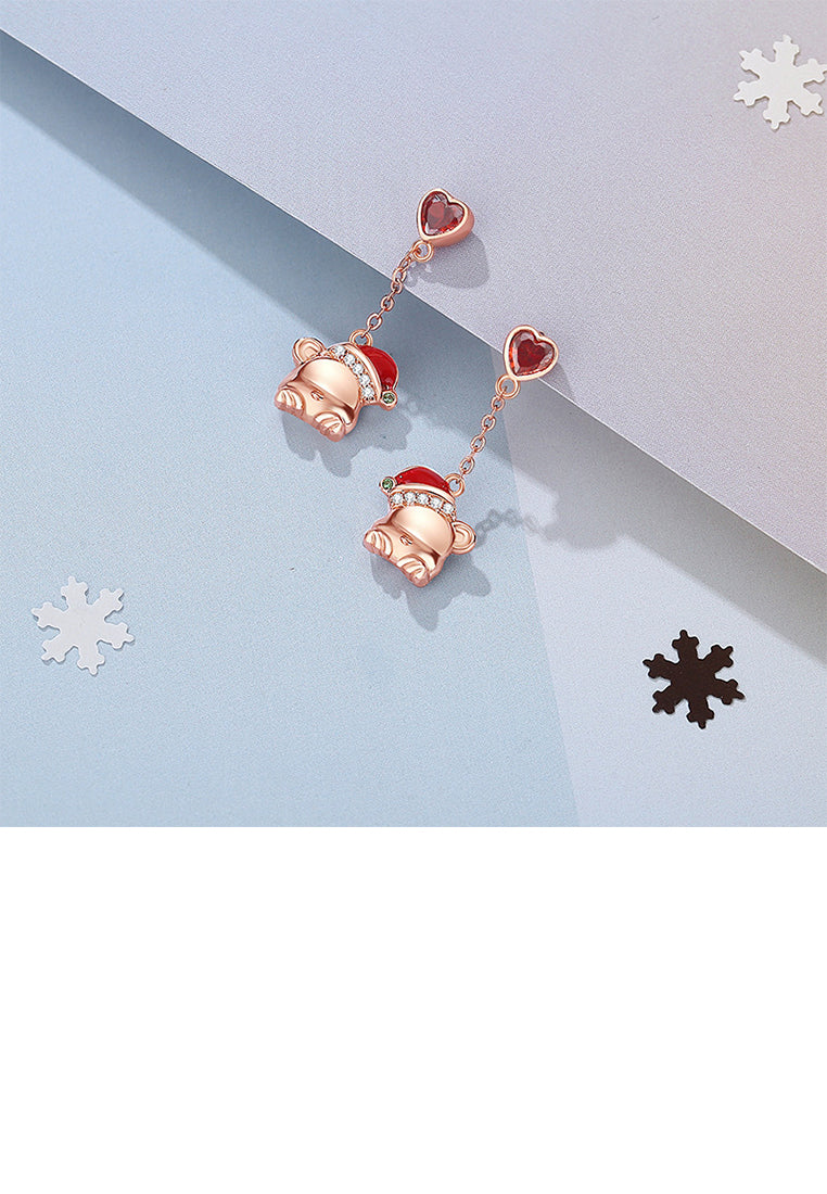 925 Sterling Silver Plated Rose Gold Simple Cute Christmas Bear Tassel Earrings with Cubic Zirconia - Luxurious Look
