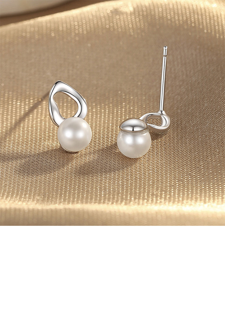 925 Sterling Silver Simple and Elegant Hollow Irregular Geometric Imitation Pearl Stud Earrings - Luxurious Look