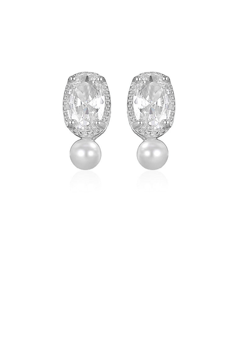 925 Sterling Silver Fashion and Elegant Oval Geometric Imitation Pearl Stud Earrings with Cubic Zirconia - Luxurious Look