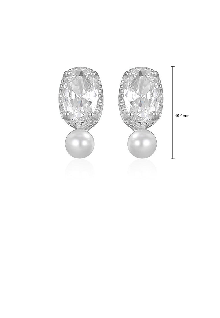 925 Sterling Silver Fashion and Elegant Oval Geometric Imitation Pearl Stud Earrings with Cubic Zirconia - Luxurious Look