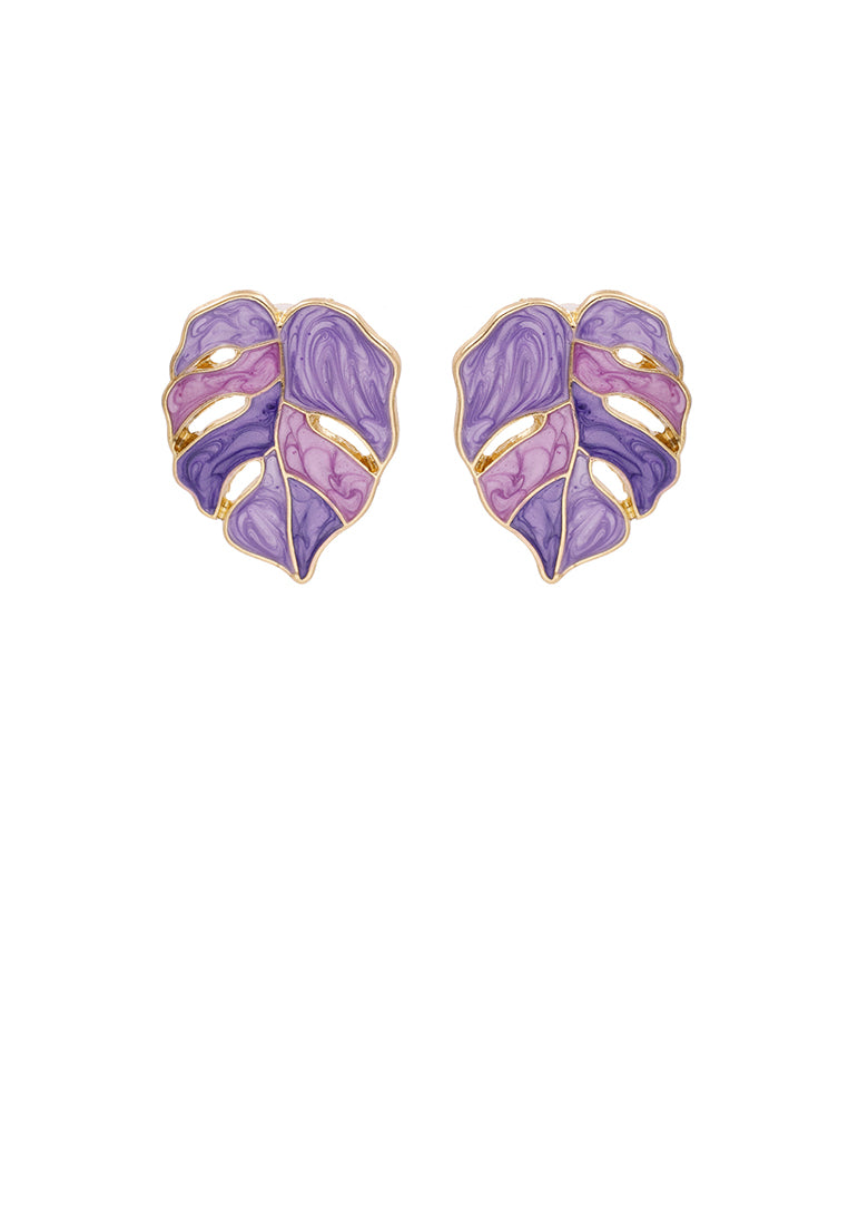 Simple and Fashion Plated Gold Enamel Purple Leaf Stud Earrings