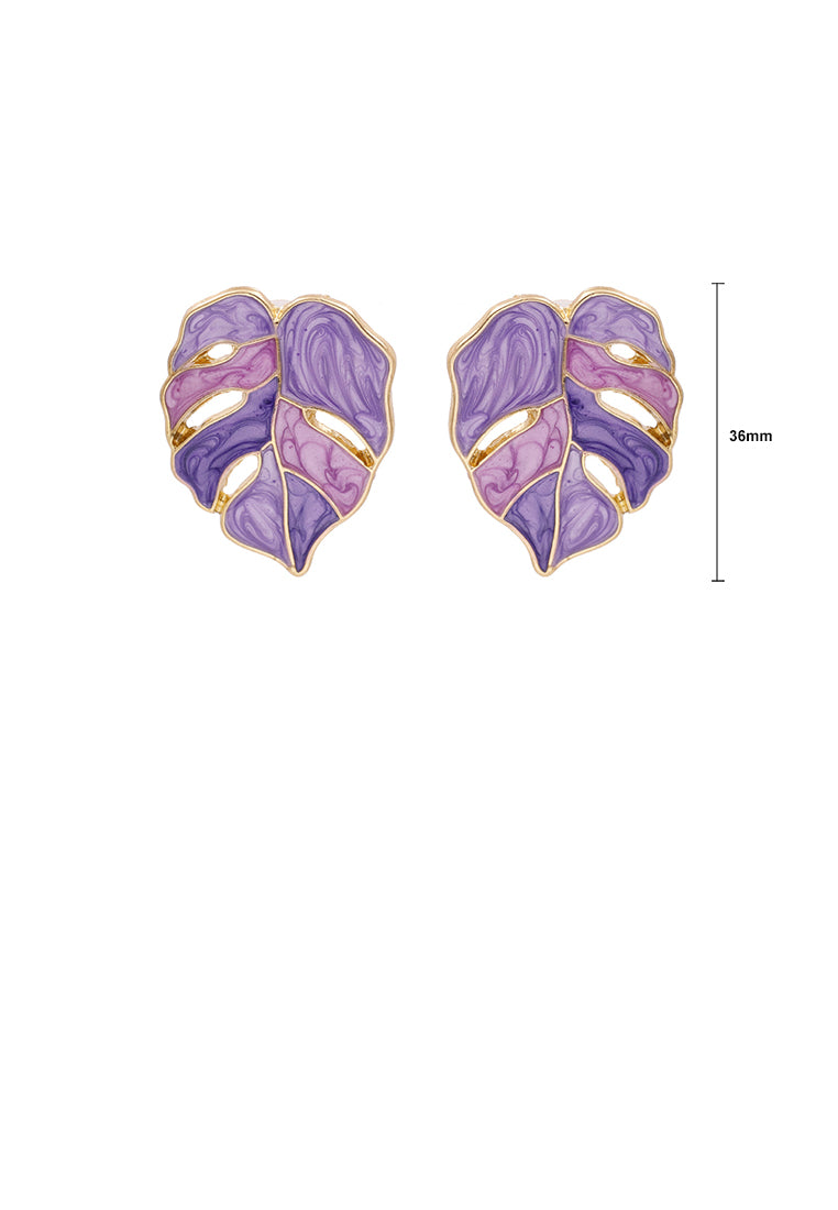 Simple and Fashion Plated Gold Enamel Purple Leaf Stud Earrings