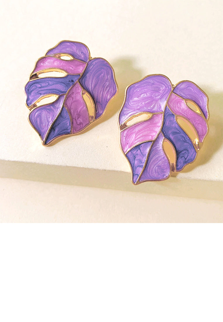 Simple and Fashion Plated Gold Enamel Purple Leaf Stud Earrings