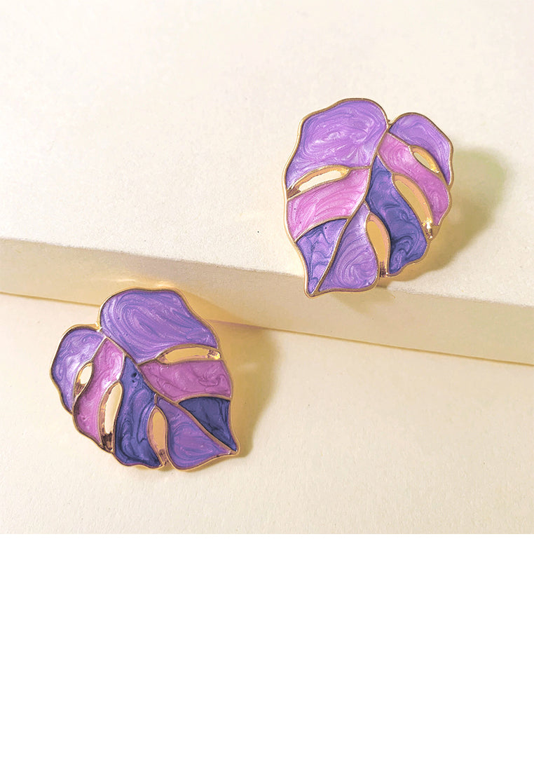 Simple and Fashion Plated Gold Enamel Purple Leaf Stud Earrings