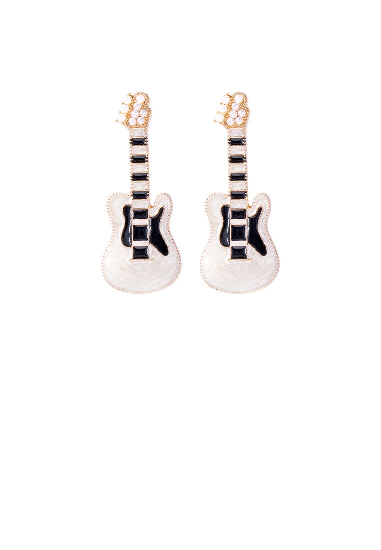 Fashion and Creative Plated Gold Enamel White Electric Guitar Stud Earrings with Imitation Pearls