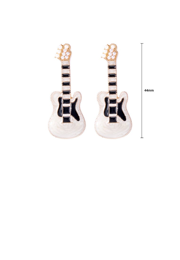 Fashion and Creative Plated Gold Enamel White Electric Guitar Stud Earrings with Imitation Pearls