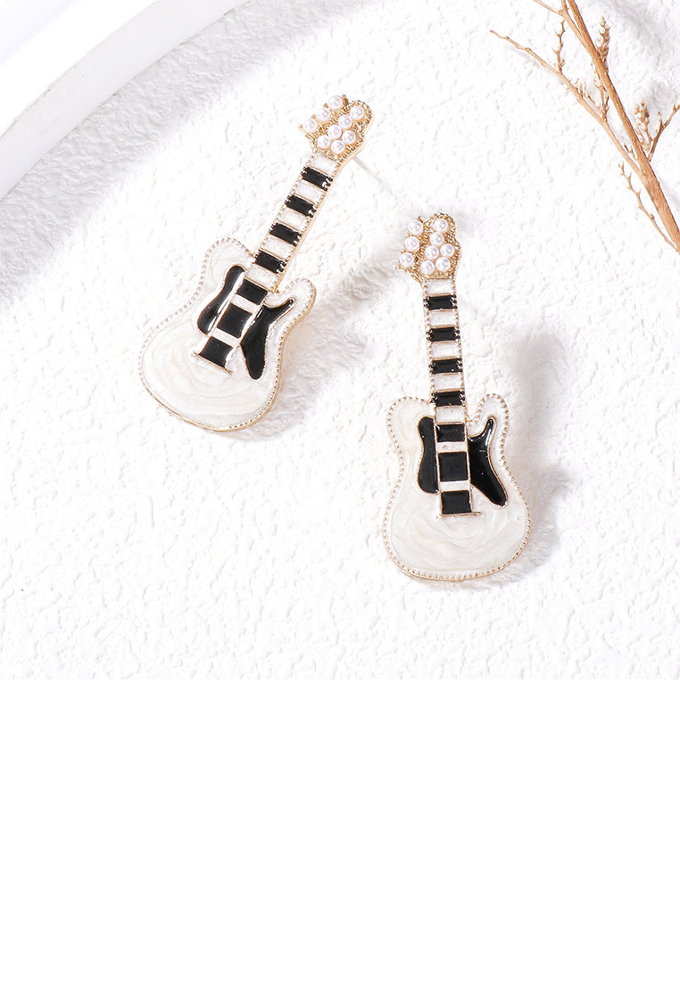 Fashion and Creative Plated Gold Enamel White Electric Guitar Stud Earrings with Imitation Pearls