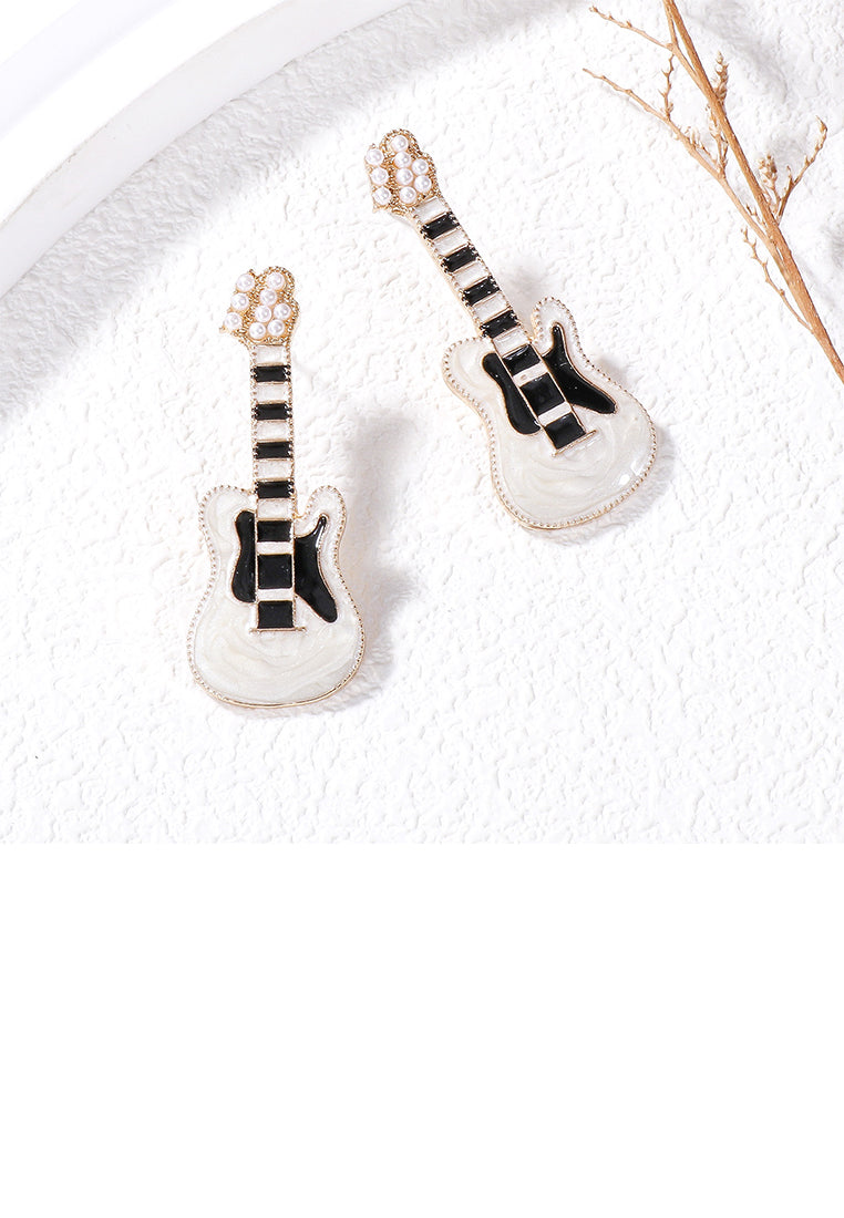 Fashion and Creative Plated Gold Enamel White Electric Guitar Stud Earrings with Imitation Pearls