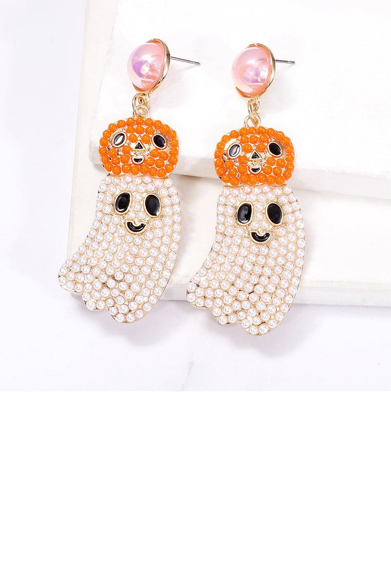 Creative and Cute Plated Gold Halloween Ghost White Ball Earrings